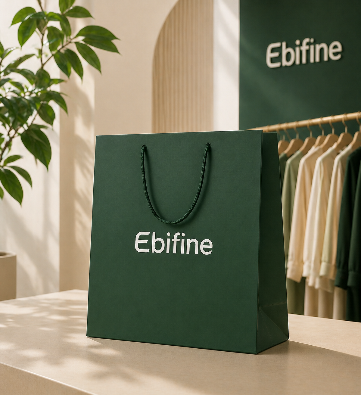 In-store retail shopping scene with custom branded packaging and shopping bags