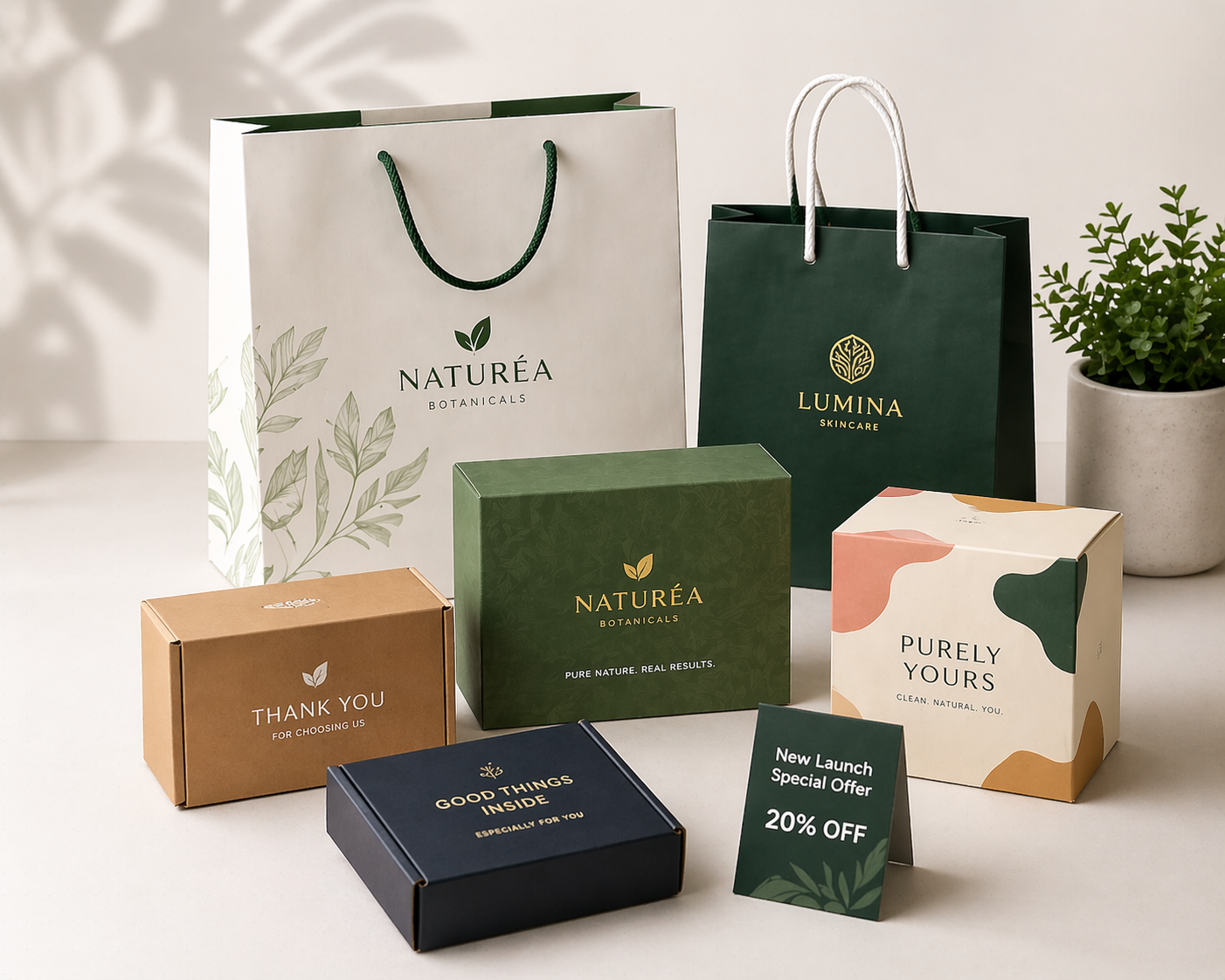 Promotional packaging display -- branded retail boxes and campaign packaging
