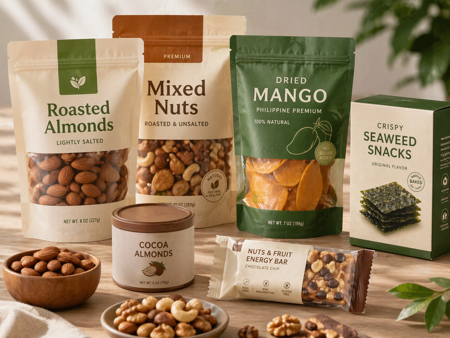 Custom snack packaging -- tin boxes and flexible pouches for chips and nuts