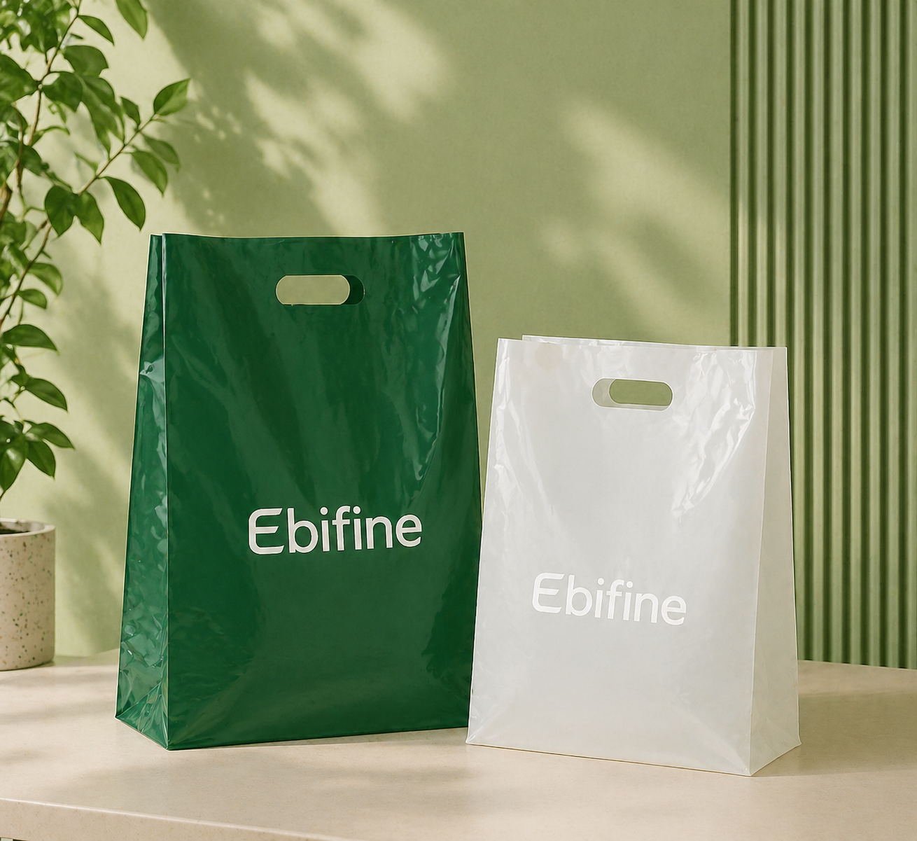 Custom plastic shopping bags with die-cut handle for retail packaging