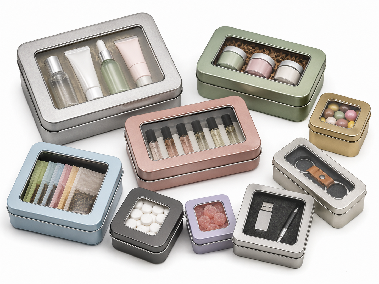 Sample window tin boxes with clear window lid