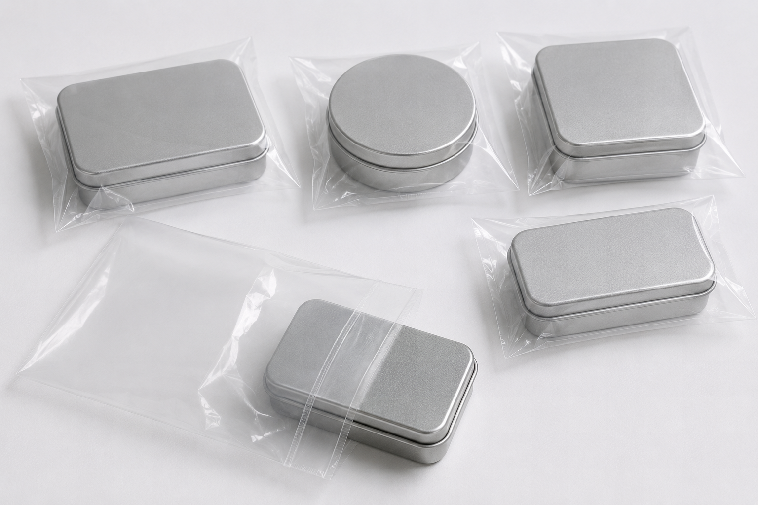 A shiny tin box being placed into a clear plastic poly bag