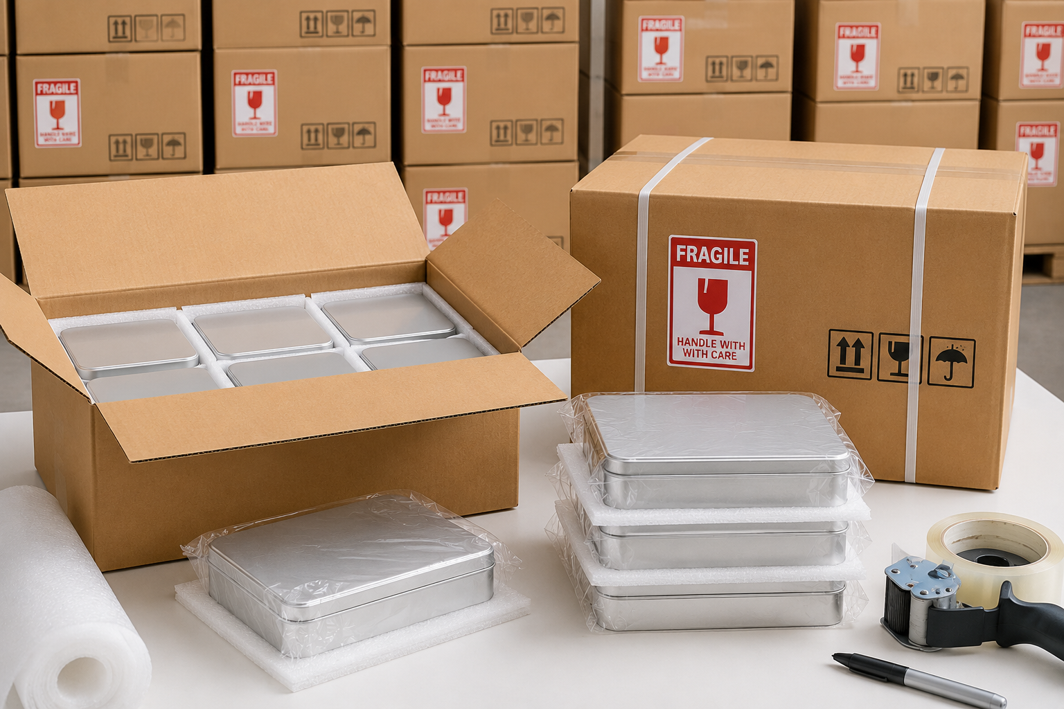 A stack of perfectly packed cardboard boxes for shipping tin containers