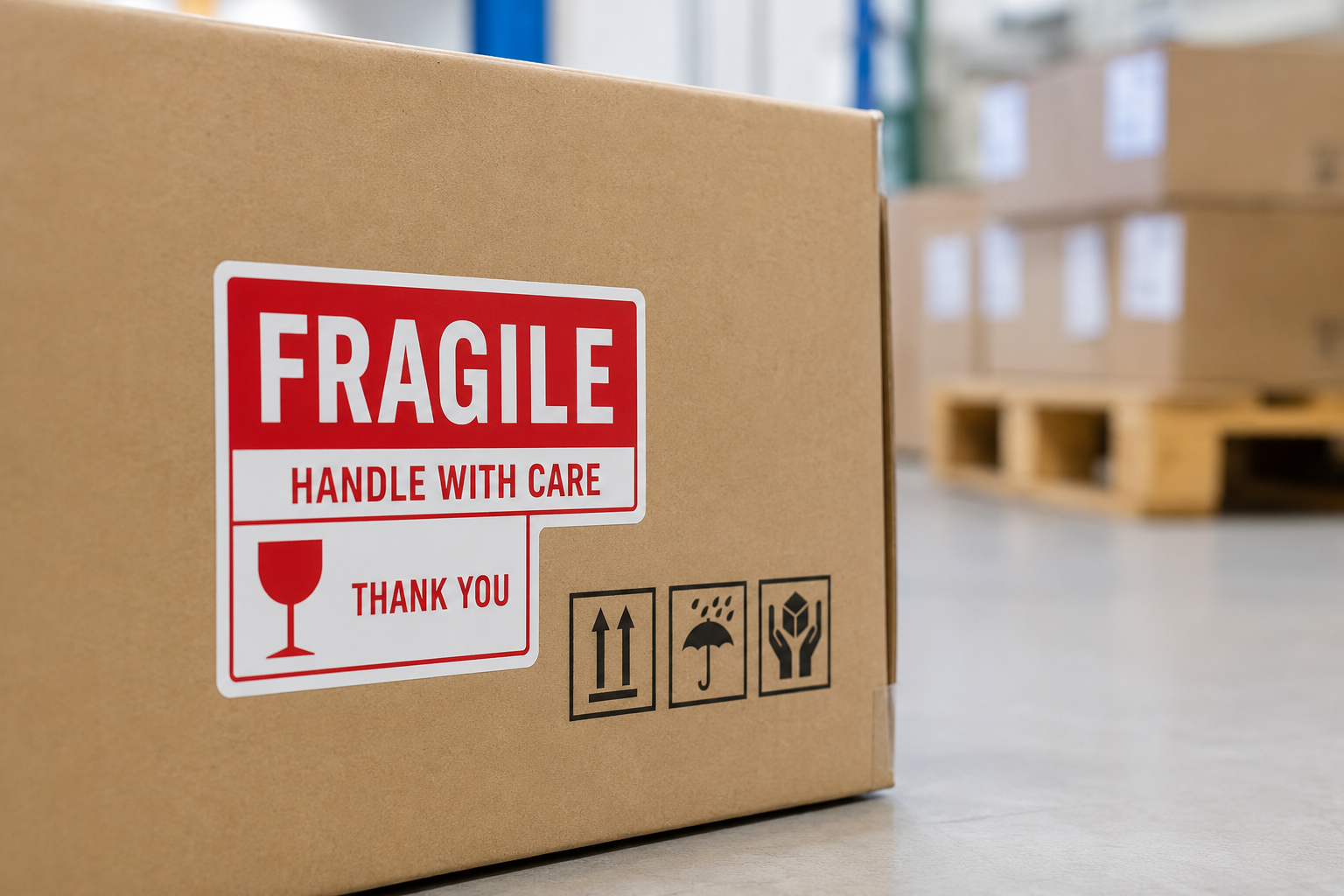 A bright red 'Fragile' sticker on the side of a shipping box